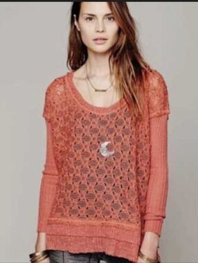Free People Burnt Orange Crochet Knit Long Sleeve Top